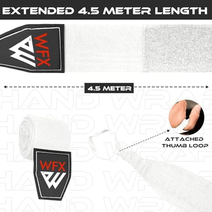 WFX Boxing Hand Wraps 3.5 4.5 Meter Martial Arts Bandages Inner Gloves Wrist Support Straps Punching Under Hand Knuckles Heavy Elasticated Training Bag Mitts Muay Thai - color: White, size: 4.5 M