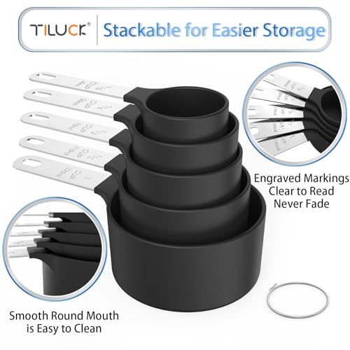 Measuring Cups & Spoons Set, Stackable Cups and Spoons, Nesting Measure Cups with Stainless Steel Handle, Kitchen Gadgets for Cooking & Baking (Black) - color: Black
