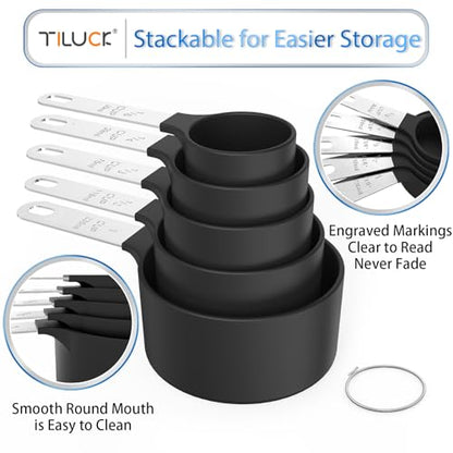 Measuring Cups & Spoons Set, Stackable Cups and Spoons, Nesting Measure Cups with Stainless Steel Handle, Kitchen Gadgets for Cooking & Baking (Black) - color: Black