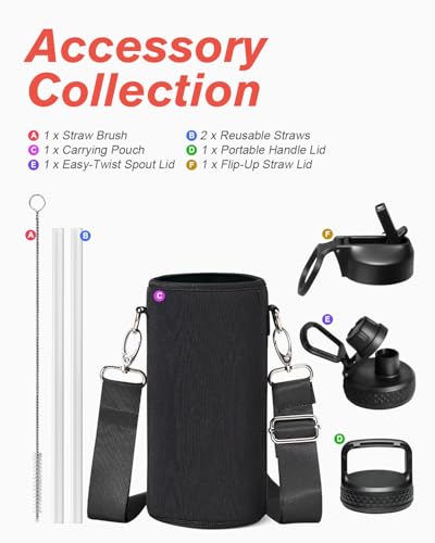 Coolflask 32 oz Water Bottle Insulated with Straw & 3 Leakproof Lids - color: Magic Black, size: 32 Ounces