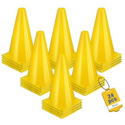 24pcs Cones 9 Inch Soccer Cones and Plastic Traffic Cones, Durable Cones for Sports Training, Ideal for Soccer, Basketball, Football, Skating, and Agility Drills Practice - color: yellow
