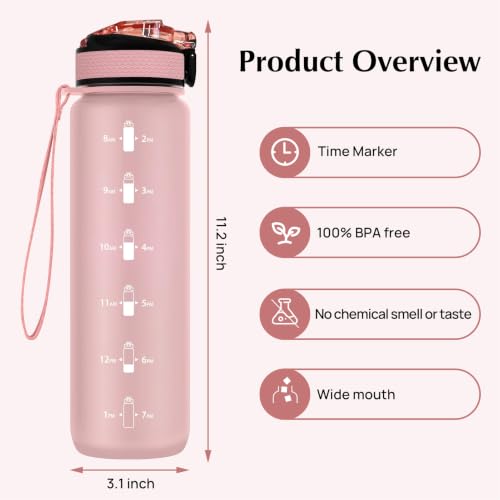EYQ 32oz Water Bottle with Straw, Time Marker, Blue Purple - color: 9.Rose Pink