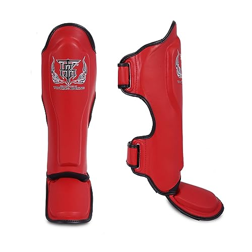 Top King New Pro Leather Shin Guards for Muay Thai - color: Red-Black, size: Large
