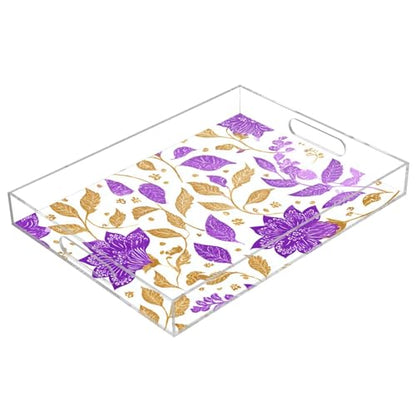 Acrylic Tray Clear Serving Vanity Ottoman Bathroom Coffee Table Countertop Organizer Raised Edge Spill Proof Purple Paisley Goild Leaf - color: Purple Paisley Goild Leaf