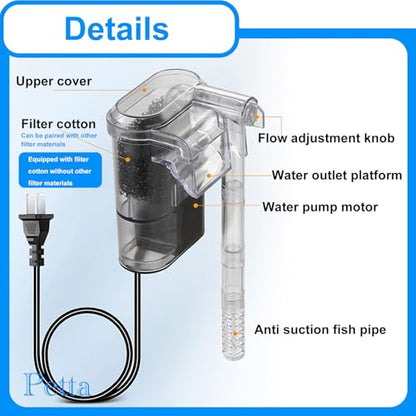 Slim Aquarium Filter,Quiet Hang on Back Fish Tank Filter for 3-10 Gal Aquariums with 1 Pre-Filter Sponge ，Adjustable Flow，250L/H