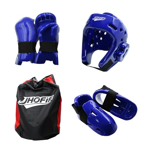 Martial Arts Karate Protective Sparring Gear Package Deal/Gift Adjustable Adult & Youth Headgear, Gloves & Kicks for MMA, Taekwondo, Boxing Training - color: Blue, size: Small