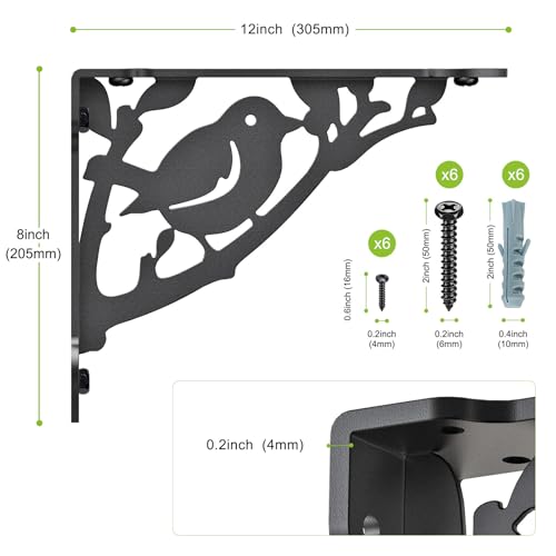 SELEWARE Heavy Duty Shelf Brackets 12 Inch, Bird Shelves Brackets, 300LB Capacity Decorative Metal L Brackets for Floating Shelves, Black Rustic Wall Mount Shelving Bracket with Screws, 2 Pack