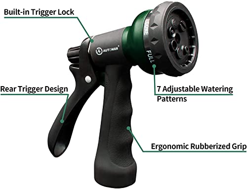 AUTOMAN Garden Hose Nozzle 2PK, ABS Water Spray Nozzle with 7 Adjustable Patterns, Slip Resistant for Watering Plants, Lawn, Garden, Washing Cars, Cleaning, Showering Pets & Outdoor Fun - color: Dark Green ×2