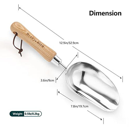 Berry&Bird Garden Loose Soil Scoop, Stainless Steel Hand Shovel Spade with Wood Handle Multi Function Gardening Trowel Spoons for Transplanting, Digging, Planting, Cultivation - color: Loose Soil Scoop, size: Small