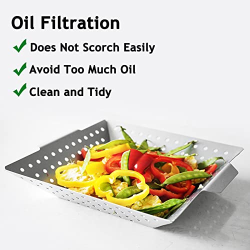 12 Inch Square Grill Basket, Stainless Steel BBQ Basket with Non-Stick Coating, Heat-Resistant Handle for Vegetables, Fish, Shrimp - Fits Gas/Charcoal/Electric Grills (Silver) - style: Grill Basket