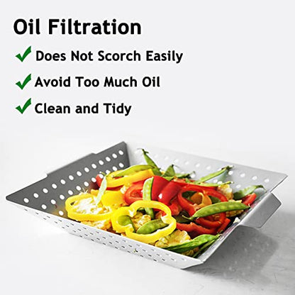 12 Inch Square Grill Basket, Stainless Steel BBQ Basket with Non-Stick Coating, Heat-Resistant Handle for Vegetables, Fish, Shrimp - Fits Gas/Charcoal/Electric Grills (Silver) - style: Grill Basket