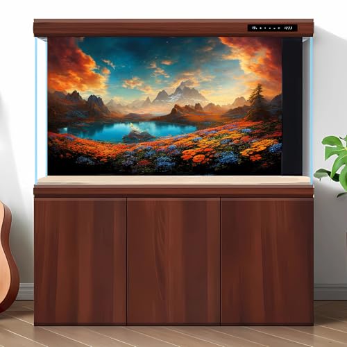 Autumn Theme Aquarium Background Tranquil Lake Blue Sunset Sky Fish Tank Background Colorful Flowers Mountains Clouds Reptile Tank Backgrounds Fall Style Reptile Enclosure Backgrounds Poster 36x24in
