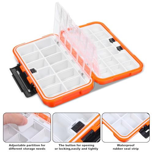 3 Pcs Small Waterproof Tackle Box Organizer, Plastic Double-Sided Storage with Adjustable Dividers for Fishing Lures, Hooks, Bait (Green, Orange, Gray)
