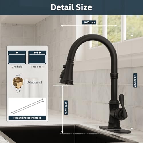 BWE Black Kitchen Faucet with Pull Down Sprayer, Solid Brass High Arc Single Handle Sink Faucet for Farmhouse Kitchen, 3 Spray Modes