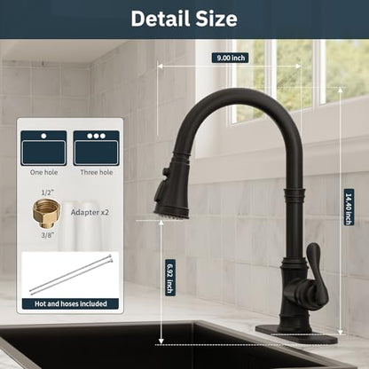 BWE Black Kitchen Faucet with Pull Down Sprayer, Solid Brass High Arc Single Handle Sink Faucet for Farmhouse Kitchen, 3 Spray Modes
