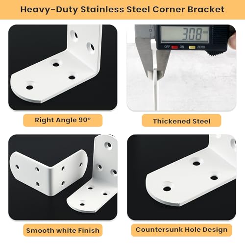 Alise 4Pcs Shelf Brackets White, Stainless Steel Floating Shelf Brackets Corner Brackets, L Brackets for Shelves, 90 Degree Angle Bracket, Heavy Duty Shelf Brackets for Wood Furniture (2.56X2.56 in)