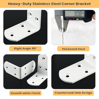 Alise 4Pcs Shelf Brackets White, Stainless Steel Floating Shelf Brackets Corner Brackets, L Brackets for Shelves, 90 Degree Angle Bracket, Heavy Duty Shelf Brackets for Wood Furniture (2.56X2.56 in)
