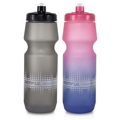 GEMFUL 2 Pack Bike Water Bottles 24oz Cycling Squeeze Set (Pink Blue+Grey) - color: Pink Blue+Grey