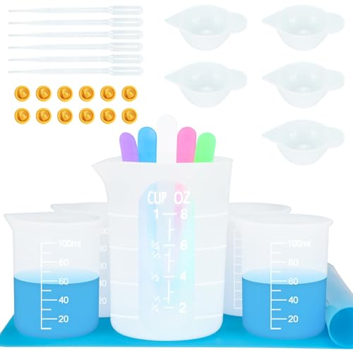 Creahaus Silicone Measuring Cups Tool Kit for Resin, Non-Stick 250 & 100ml Epoxy Mixing Cups, Reusable Resin Supplies with Silicone Mat, Stir Sticks, Pipettes, Cups for Molds, Jewelry Making - color: White, size: 250ml+100ml kit