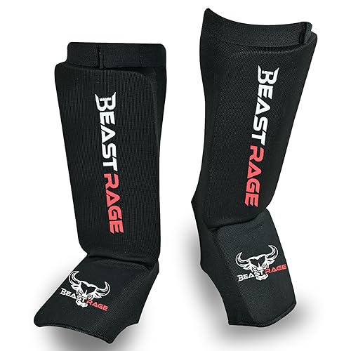 BEAST RAGE Shin Guards for Muay Thai, Kickboxing, MMA Leg Guards Martial Arts Taekwondo, Boxing, Elasticated Sock Padded Leg Instep Pads, Shin Pads,Sparring Training, Karate BJJ - color: BLACK RED, size: X-Large