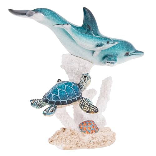 Ocean Life Figurine Dolphin Family with Sea Turtle 7 Inches High Coral Reef Decor Coastal Sea Life Nautical Room Accents - color: Lagoon Teal
