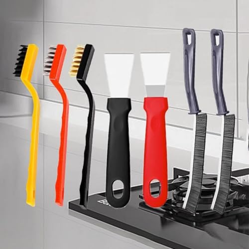 7 Pcs Crevice Cleaning Brush Cleaning Tools with 3 Stovetop Brushes, 2 Scraper Tools & 2 Gap Brushes for Stove, Sink, Grout & Tiles - Durable Plastic Handles & Stiff Bristles