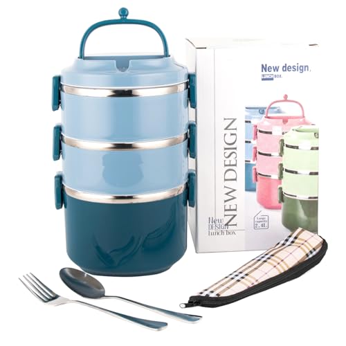 3 Tier Stackable Stainless Steel Lunch Box Sealed(blue, 3 layers) with spoon and fork - color: Blue, size: 3 layers
