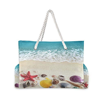 senya Large Beach Bags Totes Canvas Tote Shoulder Bag Soft Wave Water Resistant Bags for Gym Travel Daily Ocean - color: Sea Shells on Beach