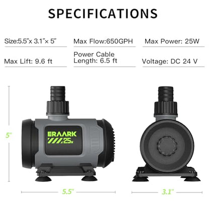 650GPH Submersible Water Pump 25W Ultra Quiet Small Fountain Pump with control box can control the water flow and adjust the flow rate for Aquariums, Fish Tank, Pond, Hydroponics (Black)