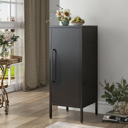 Metal Storage Cabinet with Door & 2 Adjustable Shelves 39.5” Small Storage Cabinet with Magnetic Closure for Home Office Garage Kitchen (Black)