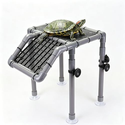 Large Turtle Basking Platform for Aquatic Turtles, Sturdy Standing Turtle Dock with Non-Slip Ramp, Red Ear Slider Tank Accessories for 25/29/40/55 Gal, Gray/Black - size: Basking Platform 10.8" W × 7.7" D