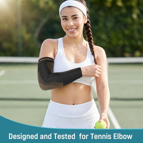 Copper Elbow Compression Sleeve, Extends to Forearm, Snug Fit, Large | Copper Infused, Extended Coverage, Tennis Elbow Brace, Weightlifting, Tendonitis, Golfers Elbow Pain Relief - size: Large