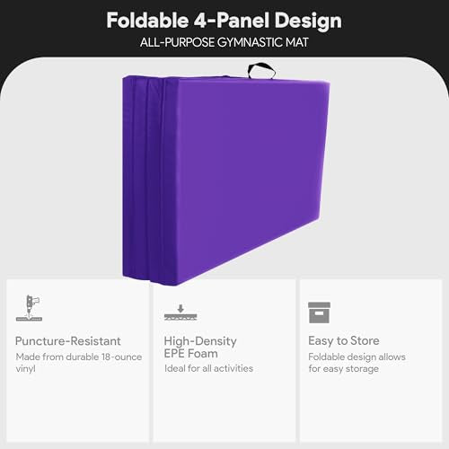 BalanceFrom 6x4 Feet 4-Panel Folding Gymnastics Mat – 2-Inch Thick Pad with Vinyl Surface and Carrying Handles for Tumbling, Yoga, Pilates, Home Workouts, and Martial Arts - color: Purple