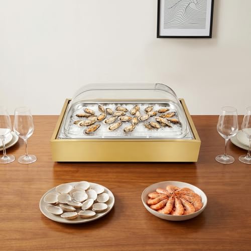 Countertop Ice Food Serving Display Tray with Transparent Roll Lid Buffet Cold Serving Cooler Platter Cooling Fruit Food Dishes Display Plate Table Decorations