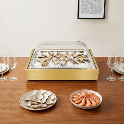 Countertop Ice Food Serving Display Tray with Transparent Roll Lid Buffet Cold Serving Cooler Platter Cooling Fruit Food Dishes Display Plate Table Decorations