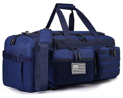 LHI 50L Tactical Duffle Bag for Men, 3-in-1 Gym Duffle and Backpack, Shoe Compartment, Laptop Sleeve and MOLLE, Carry-On Travel Weekender and Overnight Bag – Blue - color: Blue