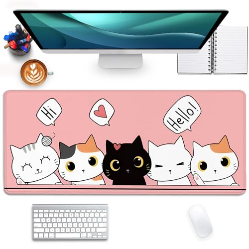 Cute Cats Desk Pad Mouse Pad,Cute Cartoon Lofi Cats Pink Mouse Mat Large,Stitched Edges Non-Slip Waterproof Rubber Base Mouse Mat for Office Home Work Gaming（27.5 x 11.8 in） - color: Lofi Cat