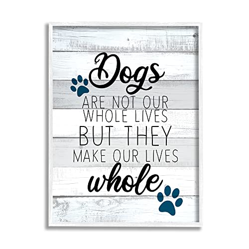Stupell Industries Dogs Make Our Lives Whole Paw Icon Striped Backdrop, Design by Kim Allen - size: 14"L x 11"W, style: White Framed