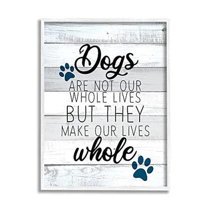 Stupell Industries Dogs Make Our Lives Whole Paw Icon Striped Backdrop, Design by Kim Allen - size: 30"L x 24"W, style: White Framed
