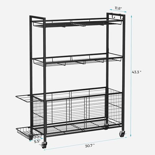 Sports Equipment Storage Rack with Wheels, 3-Tier Ball Organizer - size: 31" Wide