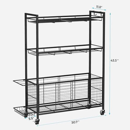 Sports Equipment Storage Rack with Wheels, 3-Tier Ball Organizer - size: 31" Wide