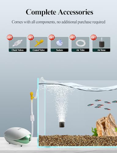 Aquarium Air Pump, Oxygen Fish Air Pump with Adjustable Air Valve, Fish Tank Air Pump with Accessories Tube, Bubble Stone and Check Valve, Tank Aerator Kit