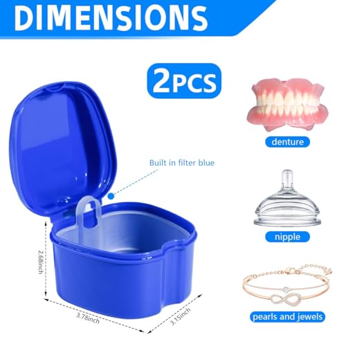 KISEER 2 Pack Colors Denture Bath Case Cup Box Holder Storage Soak Container with Strainer Basket for Travel Cleaning (Light Blue and Blue) - color: Light Blue and Blue