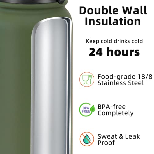 Fanhaw 32oz Kids Stainless Steel Water Bottle with Straw Lid, Olive Green - color: Olive Green, style: 32 Ounces