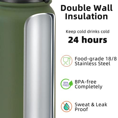 Fanhaw 32oz Kids Stainless Steel Water Bottle with Straw Lid, Olive Green - color: Olive Green, style: 32 Ounces