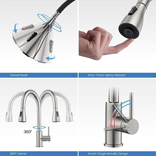 Single Handle Pull Down Kitchen Sink Faucet with Dual Function Sprayer – Solid Brass Construction, High Arc 360 Degree Swivel Spout Kitchen Faucet, Easy-Clean Nozzles (Brushed Nickel, F102)
