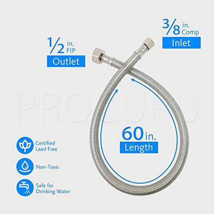 [2-Pack] PROCURU 60" (5Ft) x 3/8" Comp x 1/2" FIP Faucet Hose Connector, Stainless Steel Braided Supply Line, Certified Safe (9SF60-2P) - size: 60 Inch