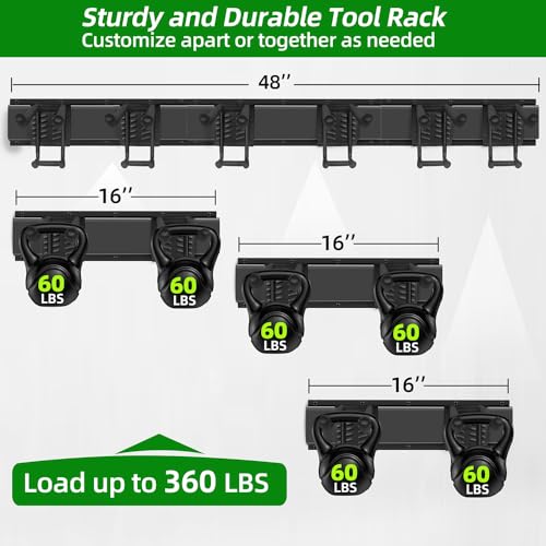 PIYILO 48 in Garage Tool Organizer Wall Mount, Adjustable Tool Storage Rack | Heavy-duty 360 LBS, Double-Layer Hooks, Wear & Tear Resistant, Soft Anti-Scratch Hook Sleeves, For Yard Tools, Shovels, Shed - size: 48 inch Double-Layer 6-Hook