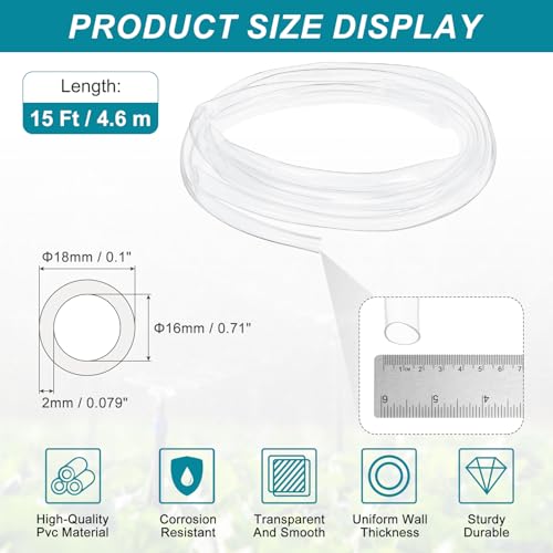 uxcell 5/8 Inch Clear PVC Tubing, 16mm ID x 18mm OD - 15ft PVC Tube Lightweight Vinyl Hose, Transparent Flexible Plastic Water Tubing for Air Oil Water Transfer Aquarium Irrigation