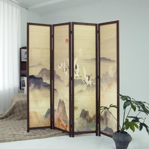 4 Panel Bamboo Room Divider, 5.6 ft Tall Double-Sided Freestanding Folding Privacy Screen, Premium Thickened Wood Frame with Colorful Landscape Pattern for Home Office (67" H x 63" W)